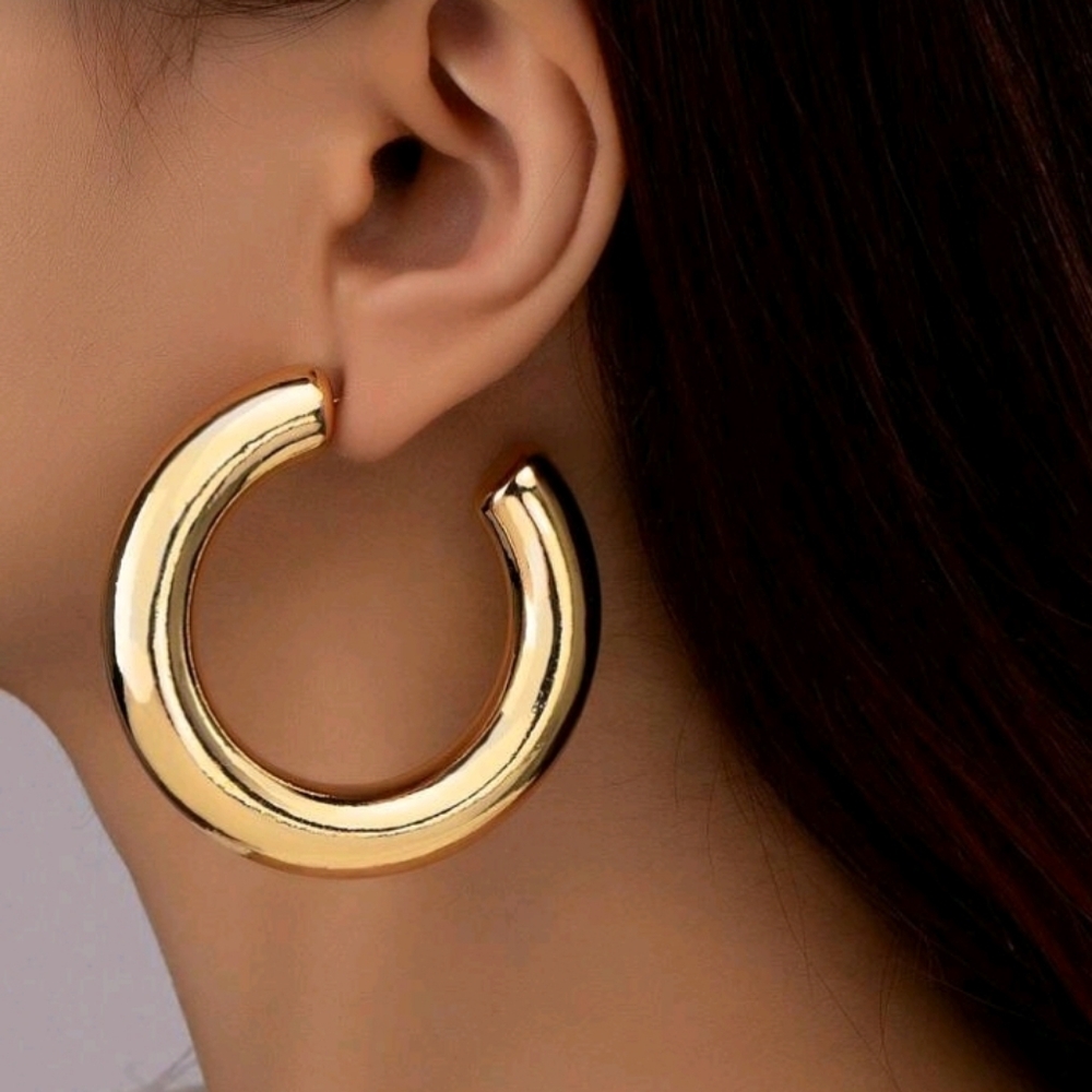 NEW! 14K Gold Plated Statement Tube Large Open Hoop Earrings